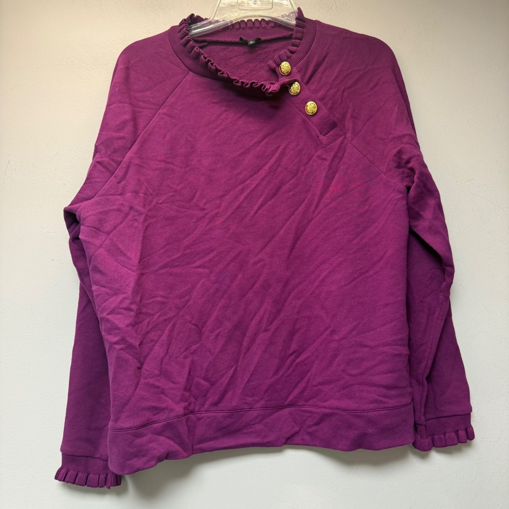 Talbots Sweatshirt Womens XL Purple Ruffle Neck Gold Button 100% Cotton 14617